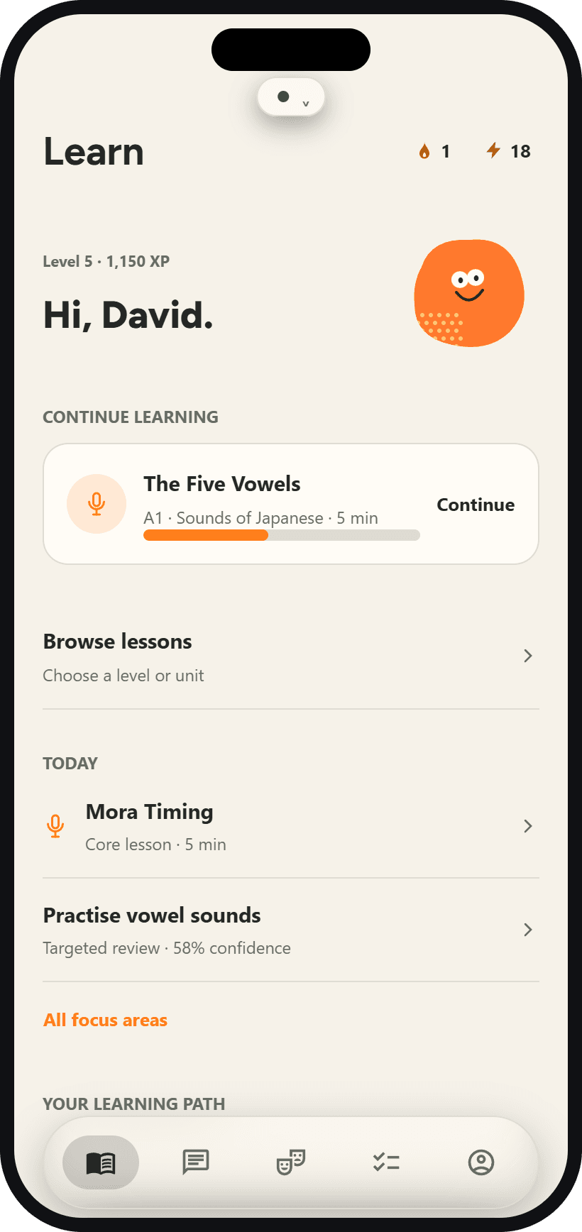 Sayelle lesson list showing the sounds of Japanese and kana units