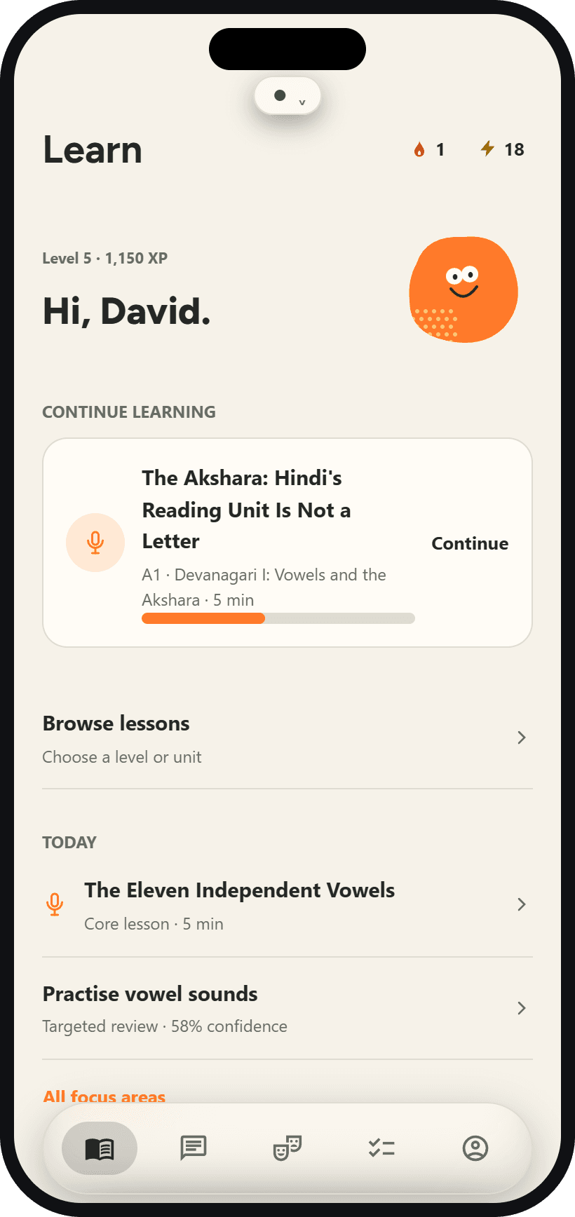 Sayelle lesson list showing the Devanagari vowels and akshara unit