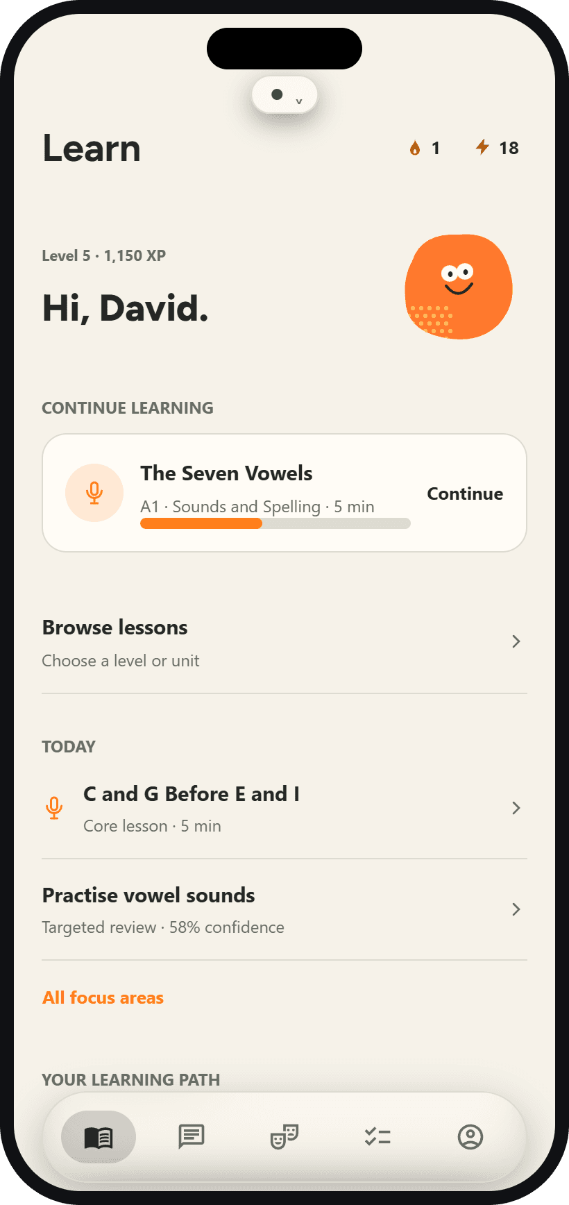 Sayelle lesson list showing the sounds and spelling unit for Italian