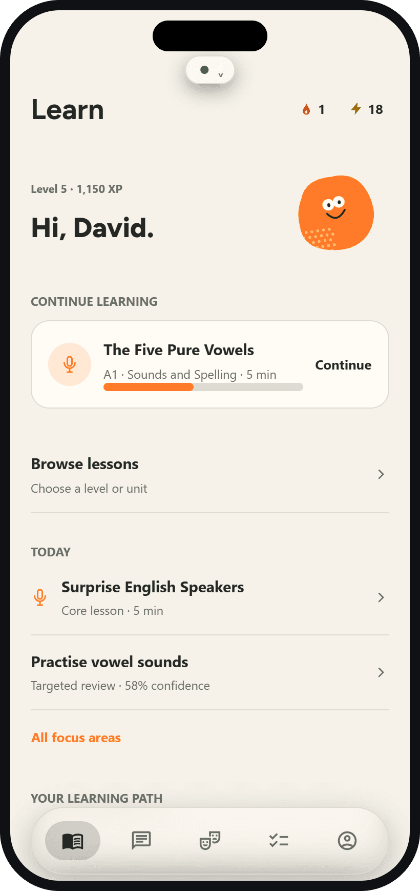 Sayelle Learn design with a lesson plan, next lesson and targeted review