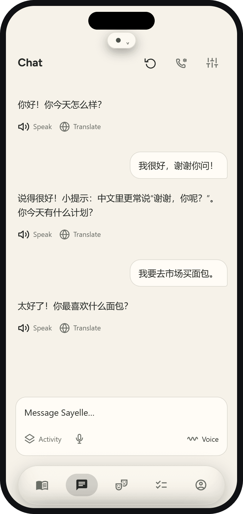 Sayelle chat with a Mandarin tutor, with characters on screen